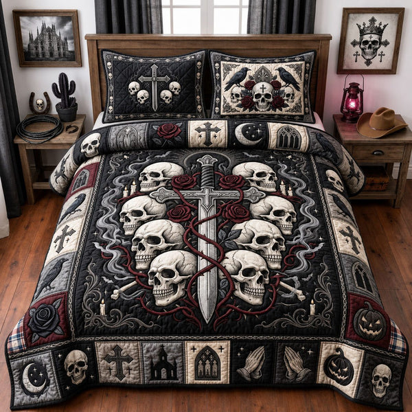 Gothic Skull Cross quilted 3-piece bedding set on a made bed against a dark styled interior