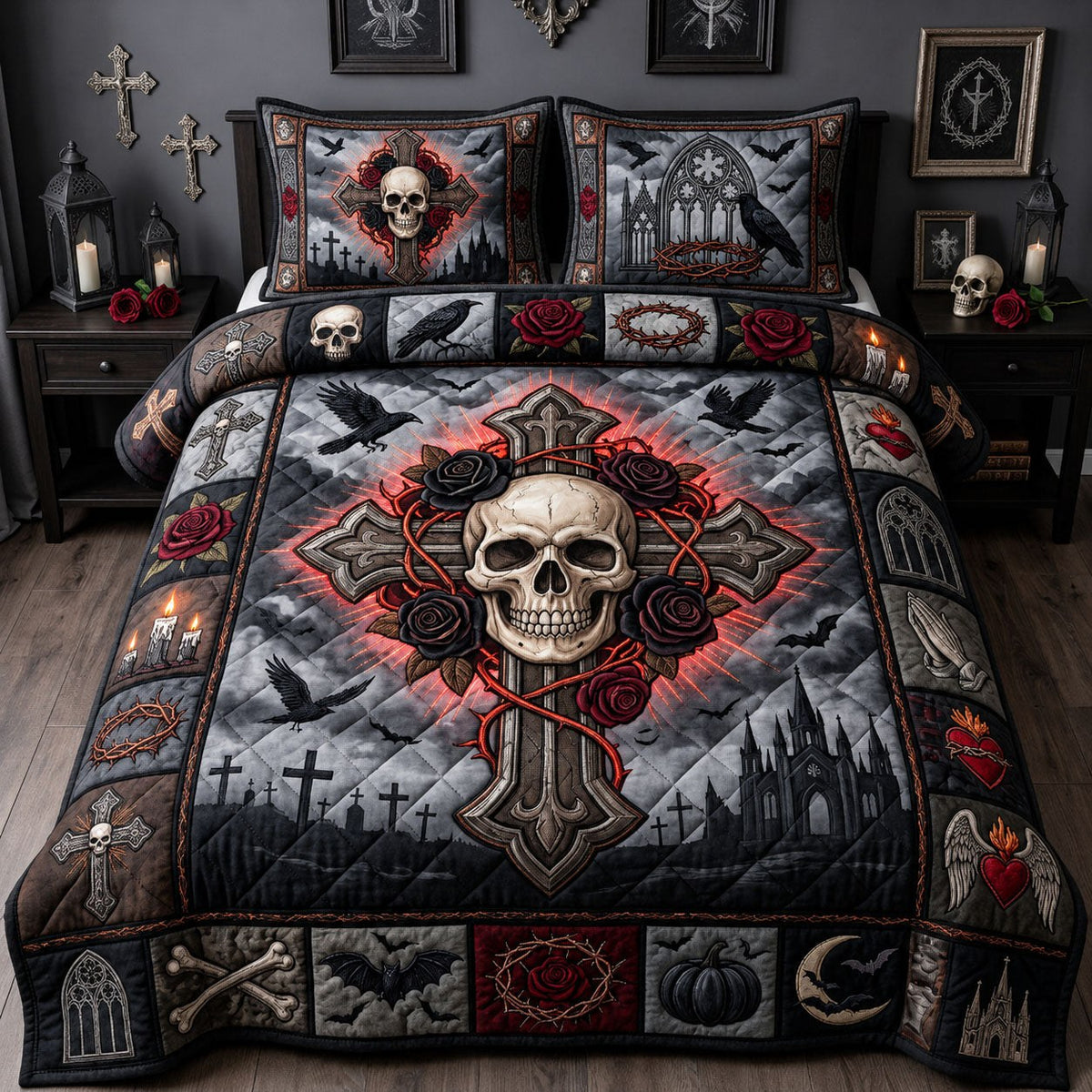 Gothic Skull Cross quilted 3-piece bedding set on a made bed against a dark styled interior