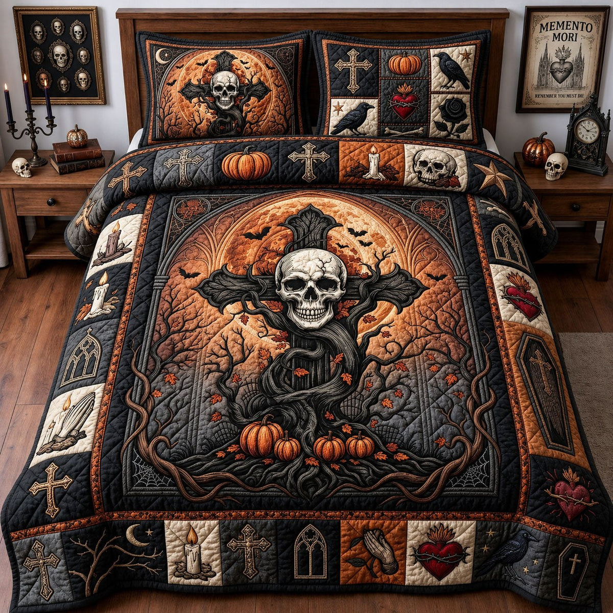 Gothic Skull Cross quilted 3-piece bedding set on a made bed against a dark styled interior