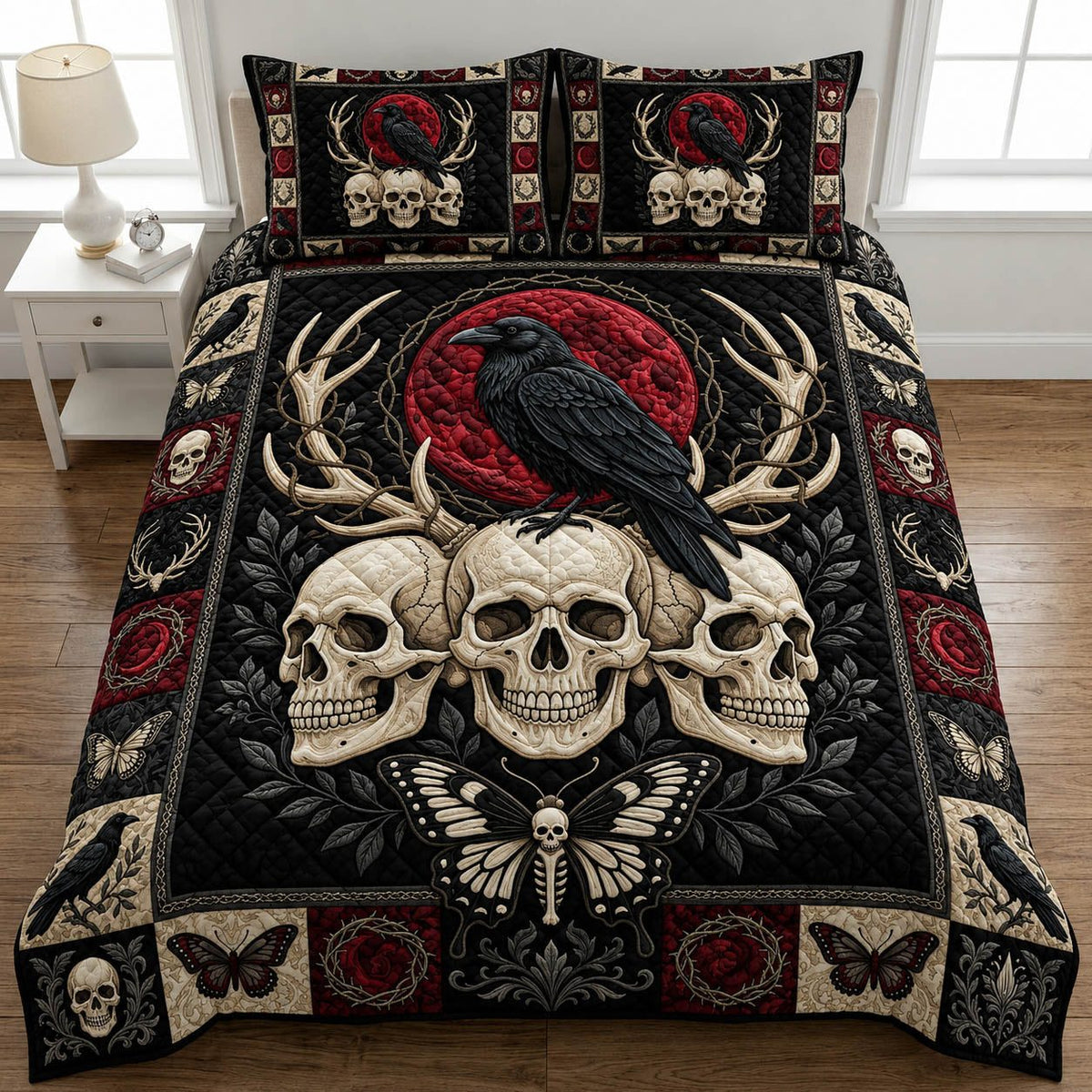 Gothic Skull quilted 3-piece bedding set on a made bed against a dark styled interior