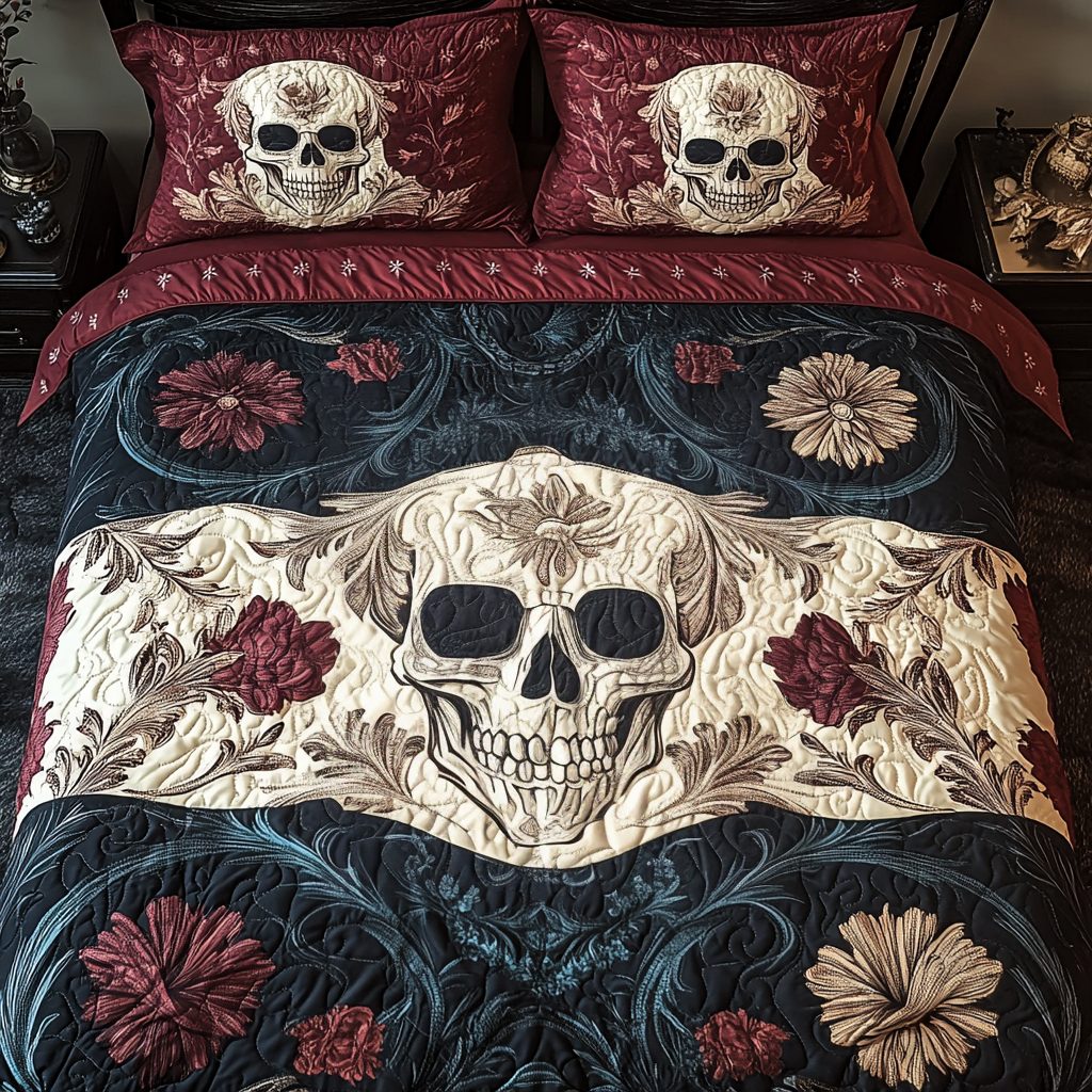 Gothic Skull quilted 3-piece bedding set on a made bed against a dark styled interior
