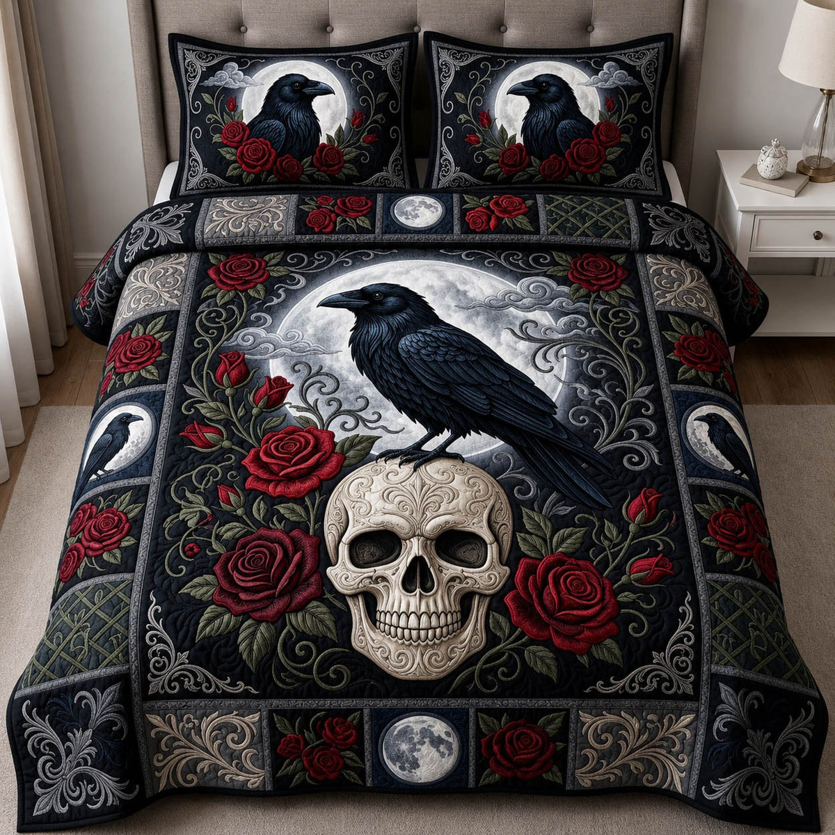 Gothic Skull Raven Rose quilted 3-piece bedding set on a made bed against a dark styled interior