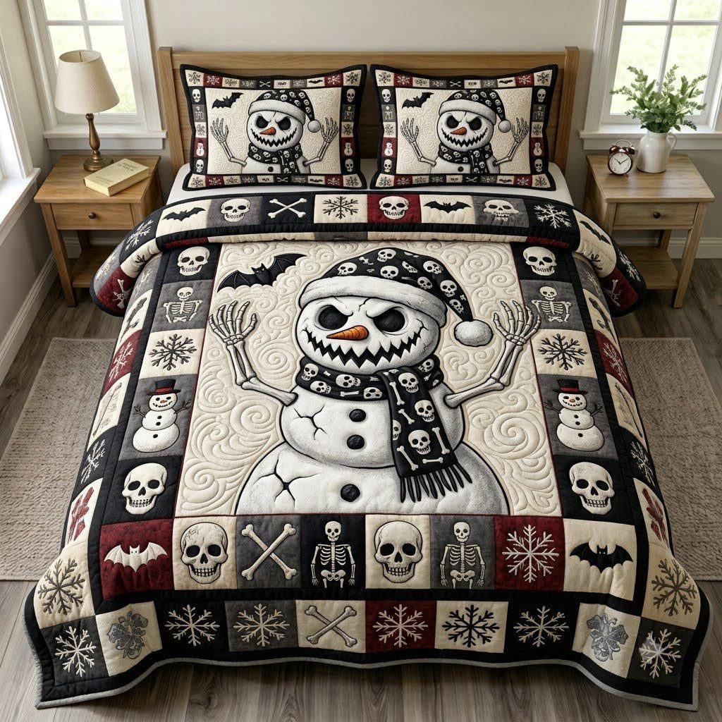 Gothmas Snowman quilted 3-piece bedding set on a made bed in a winter-styled bedroom