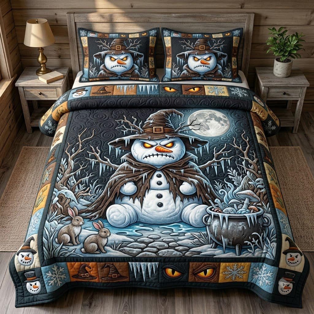 Gothmas Snowman quilted 3-piece bedding set on a made bed in a winter-styled bedroom