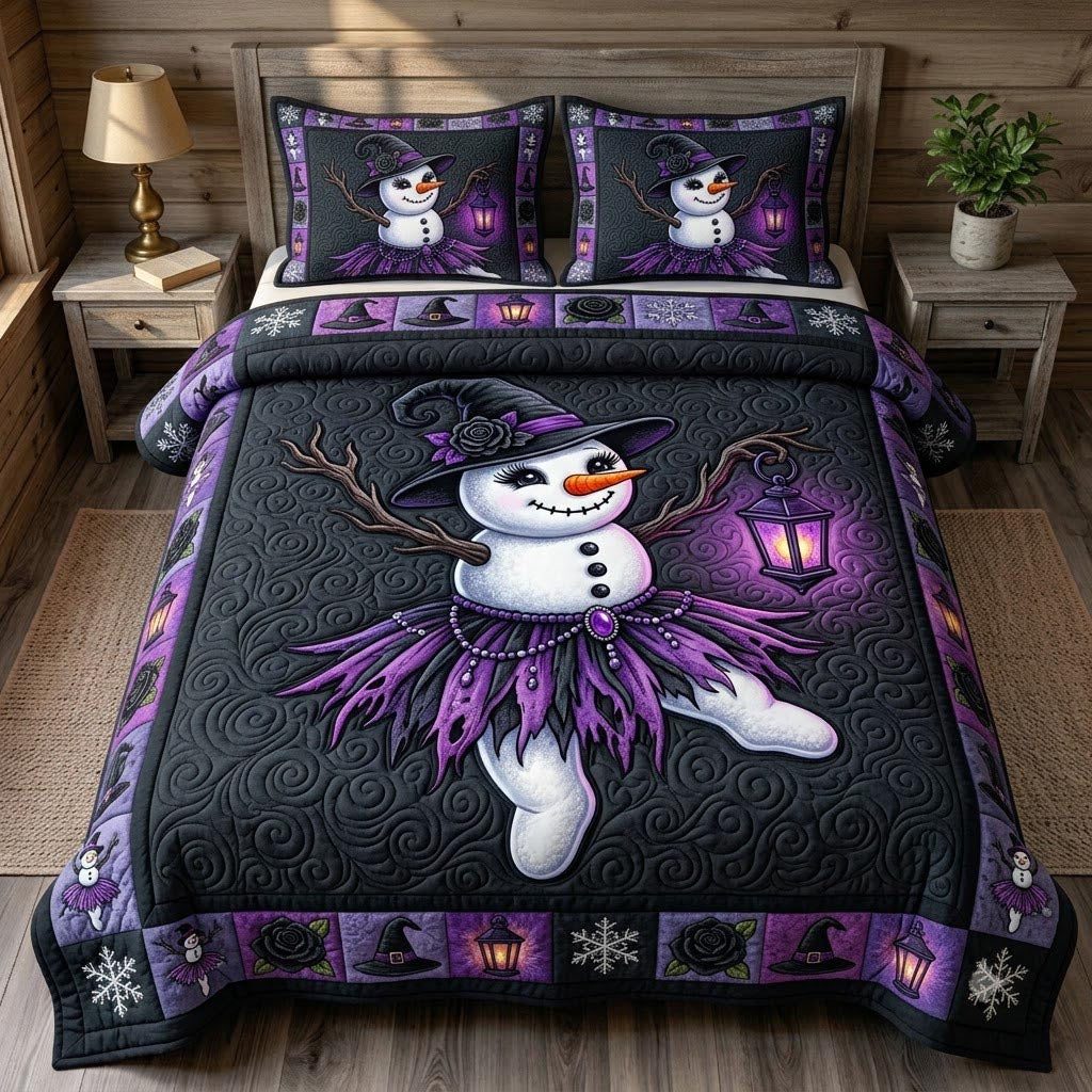 Gothmas Snowman quilted 3-piece bedding set on a made bed in a winter-styled bedroom