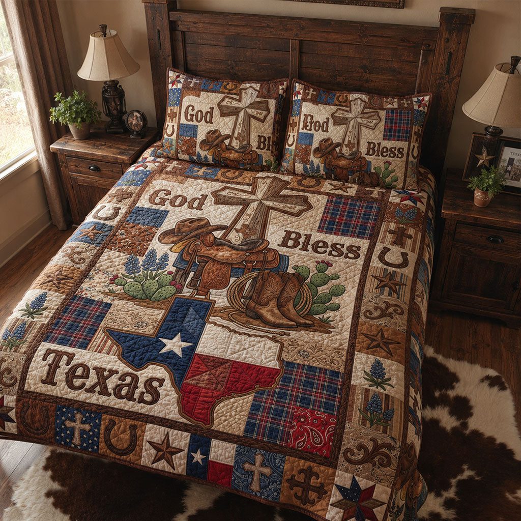 Grace and Grits quilted 3-piece bedding set on a made bed with two matching pillow shams