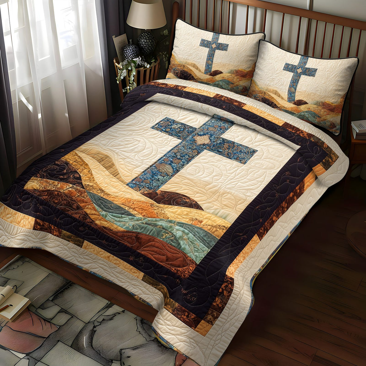 Grace and Salvation quilted 3-piece bedding set on a made bed in a softly lit bedroom