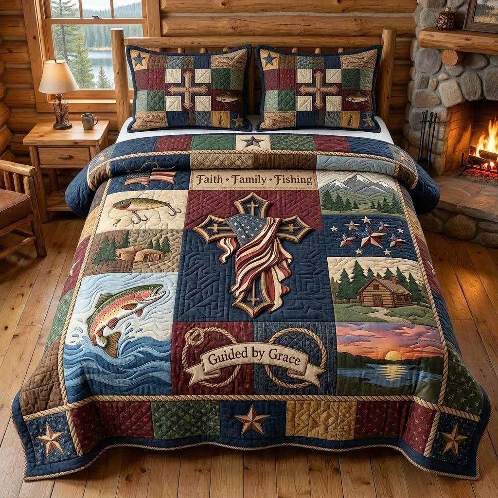 Grace Fishing quilted 3-piece bedding set on a made bed with two matching pillow shams
