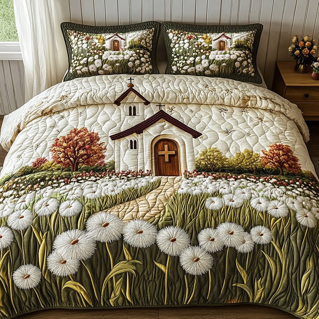 Grace Garden quilted 3-piece bedding set on a made bed with two matching pillow shams
