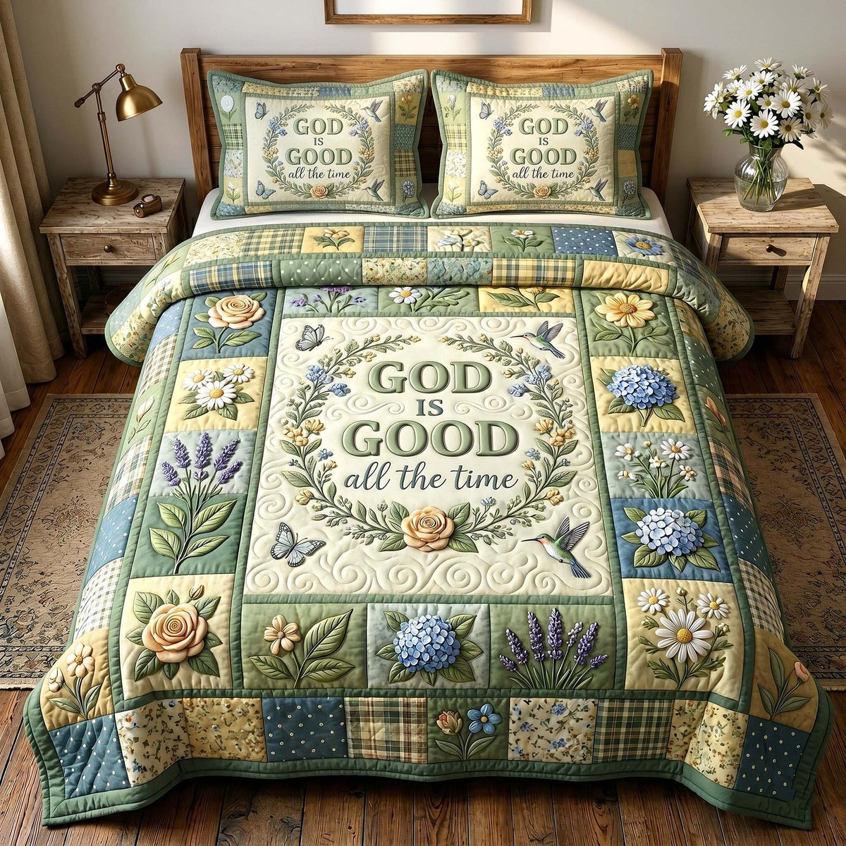 Grace In Bloom quilted 3-piece bedding set on a made bed with two matching pillow shams