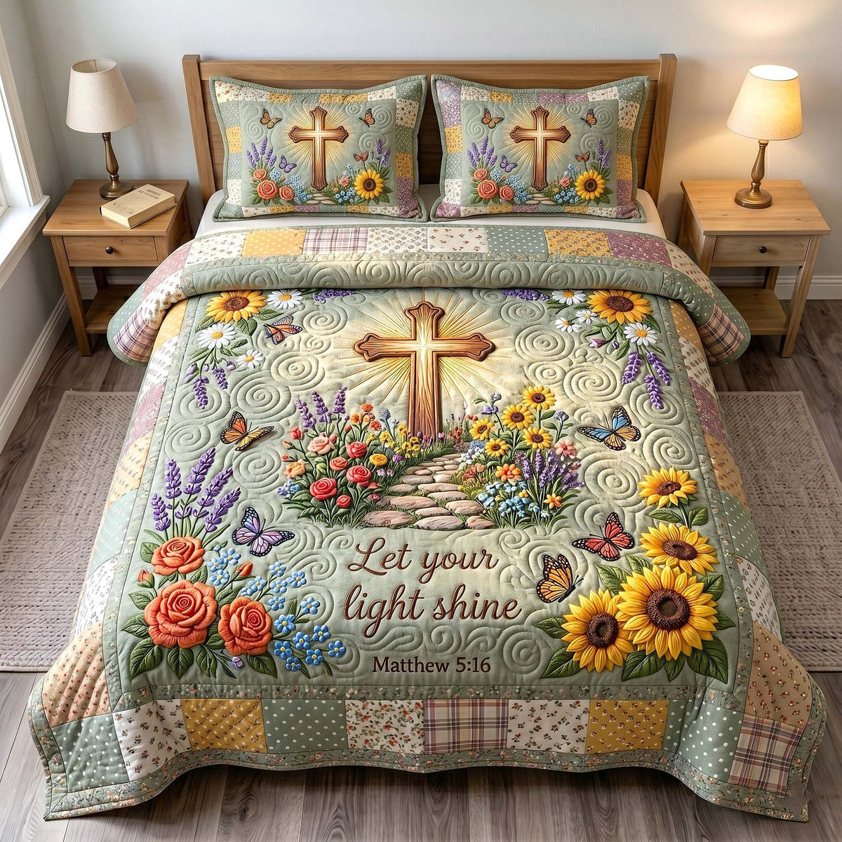 Grace In Bloom quilted 3-piece bedding set on a made bed with two matching pillow shams