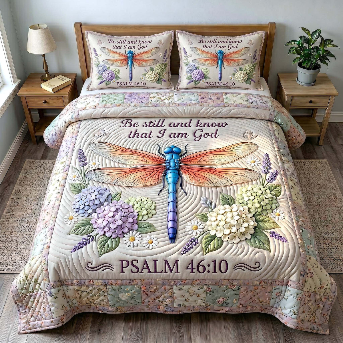 Grace In Flight quilted 3-piece bedding set on a made bed with two matching pillow shams