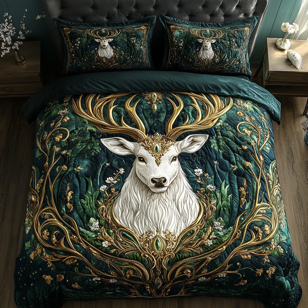 Graceful Buck quilted 3-piece bedding set on a made bed with two matching pillow shams
