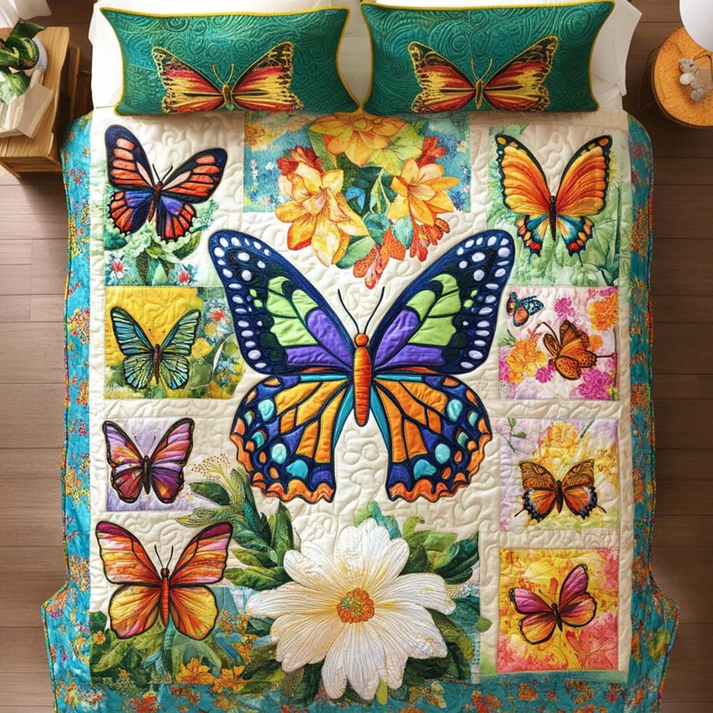 Graceful Butterfly Touch quilted 3-piece bedding set on a made bed with two matching pillow shams