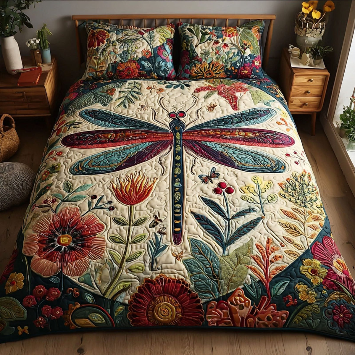 Graceful Dance quilted 3-piece bedding set on a made bed with two matching pillow shams