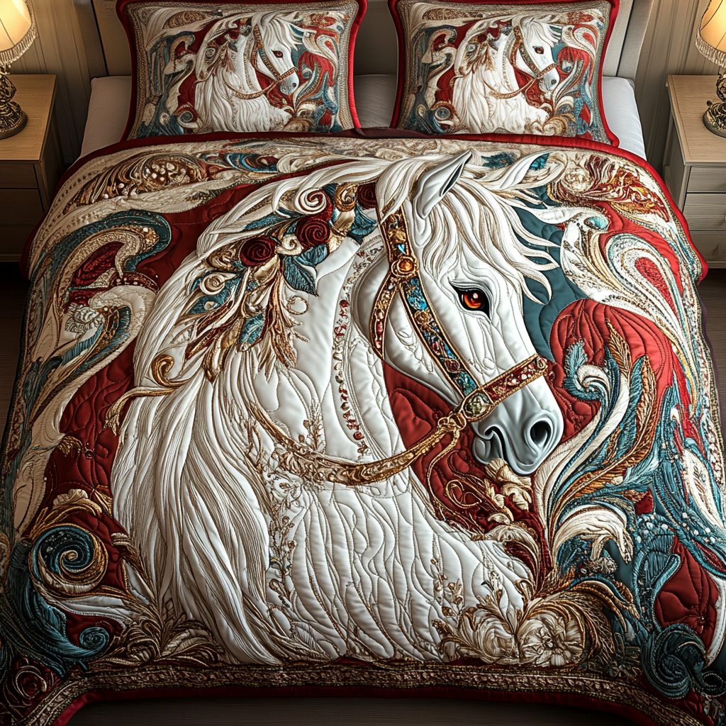 Graceful Gallop quilted 3-piece bedding set on a made bed with two matching pillow shams
