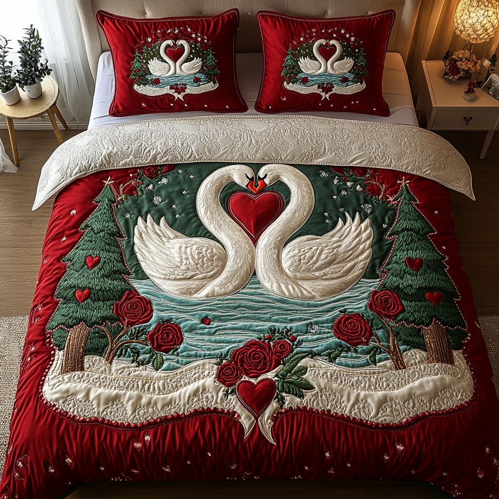 Graceful Lovebirds quilted 3-piece bedding set on a made bed with two matching pillow shams