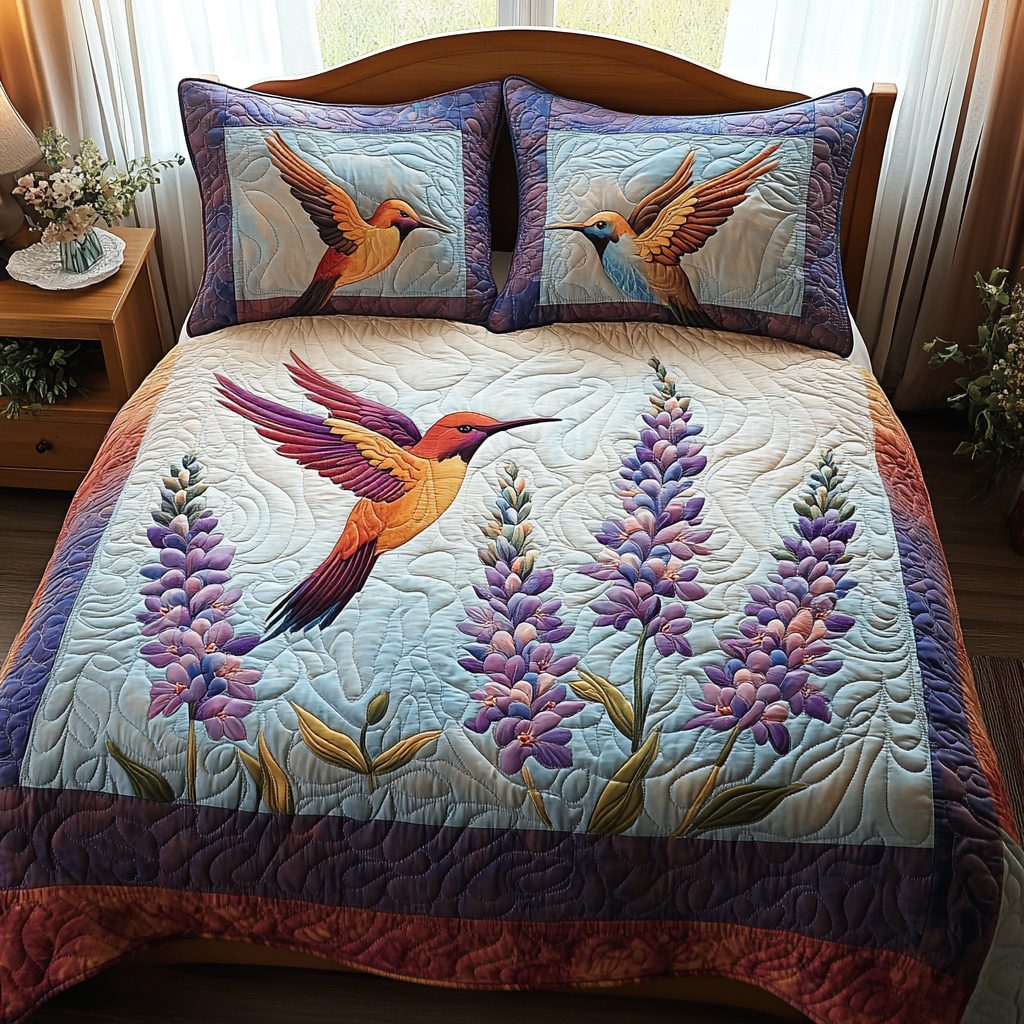Graceful Nectar quilted 3-piece bedding set on a made bed with two matching pillow shams