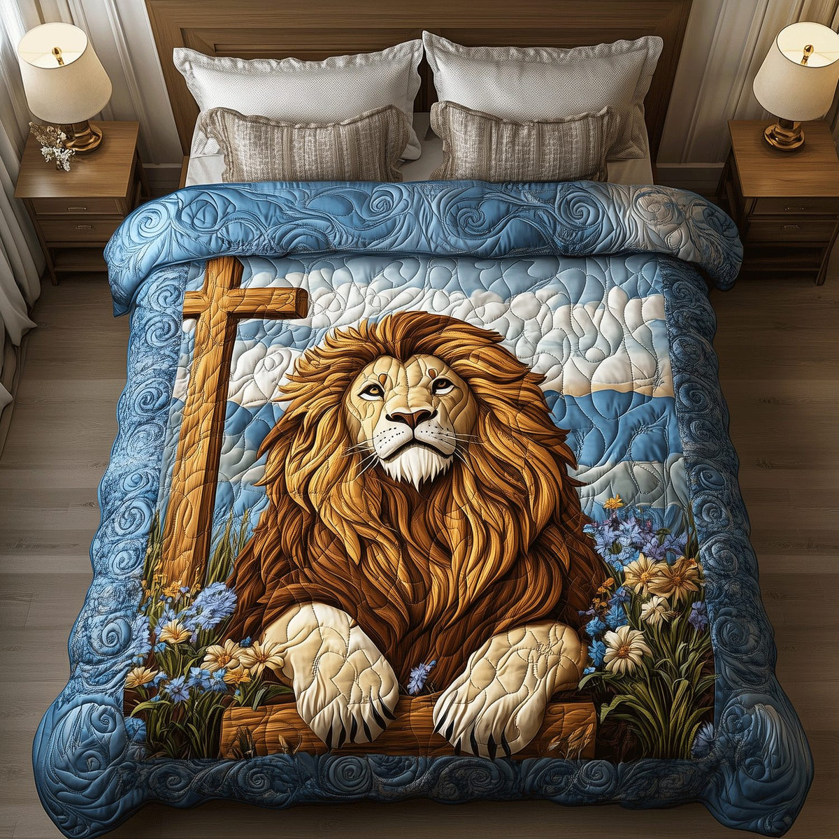 Graceful Roar quilted 3-piece bedding set on a made bed with two matching pillow shams