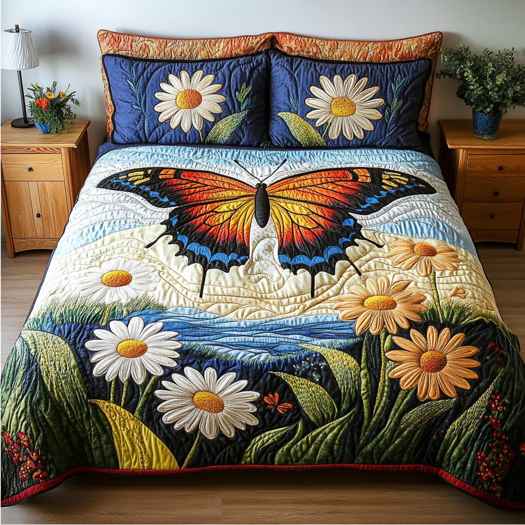 Graceful Soar quilted 3-piece bedding set on a made bed with two matching pillow shams