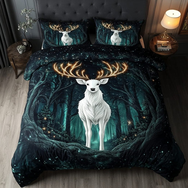 Graceful Stag quilted 3-piece bedding set on a made bed with two matching pillow shams
