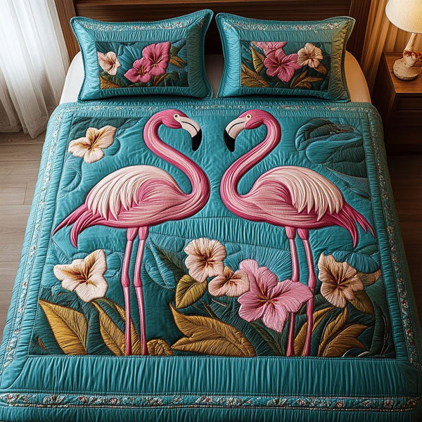 Graceful Stilt quilted 3-piece bedding set on a made bed with two matching pillow shams