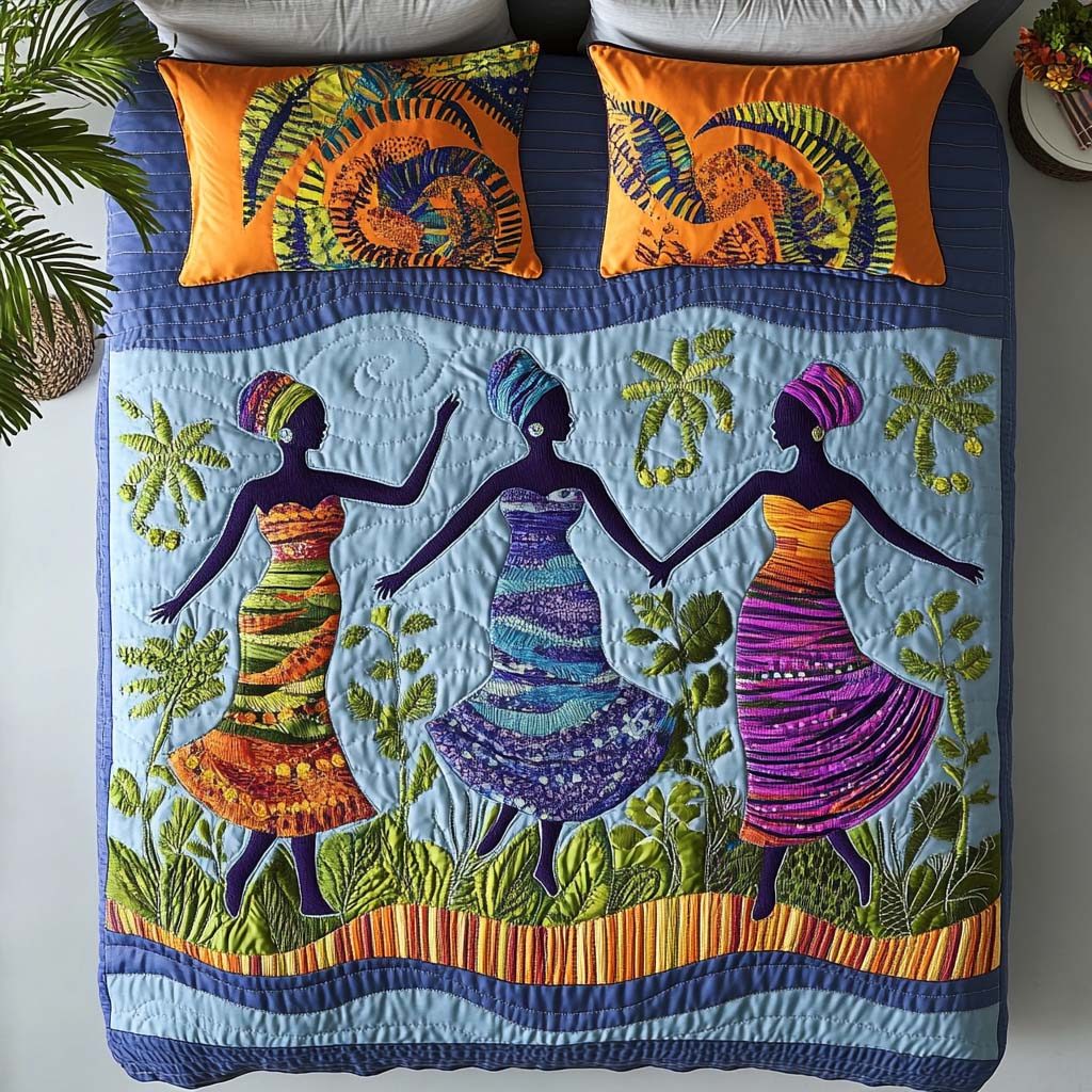 Graceful Sun Queens quilted 3-piece bedding set on a made bed with two matching pillow shams