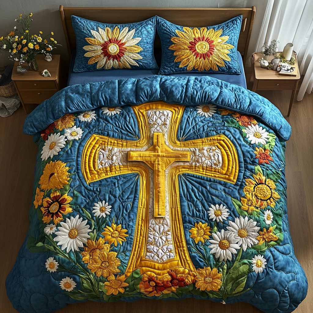 Graceful Sunflower quilted 3-piece bedding set on a made bed with two matching pillow shams
