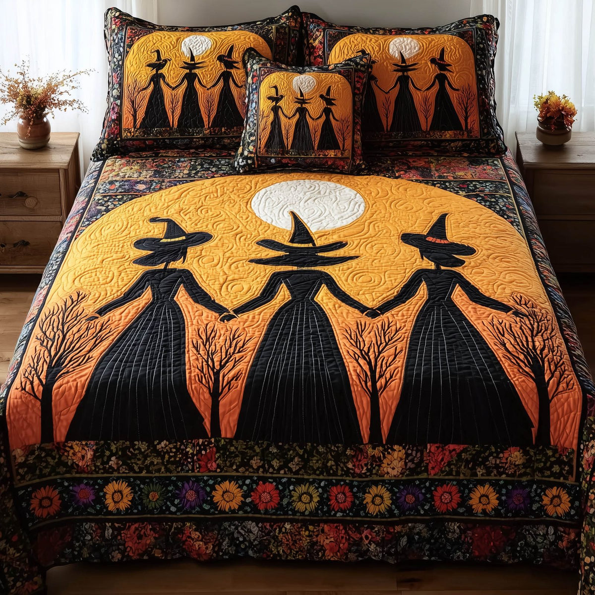Gracefully Witchy quilted 3-piece bedding set on a made bed against a dark styled interior