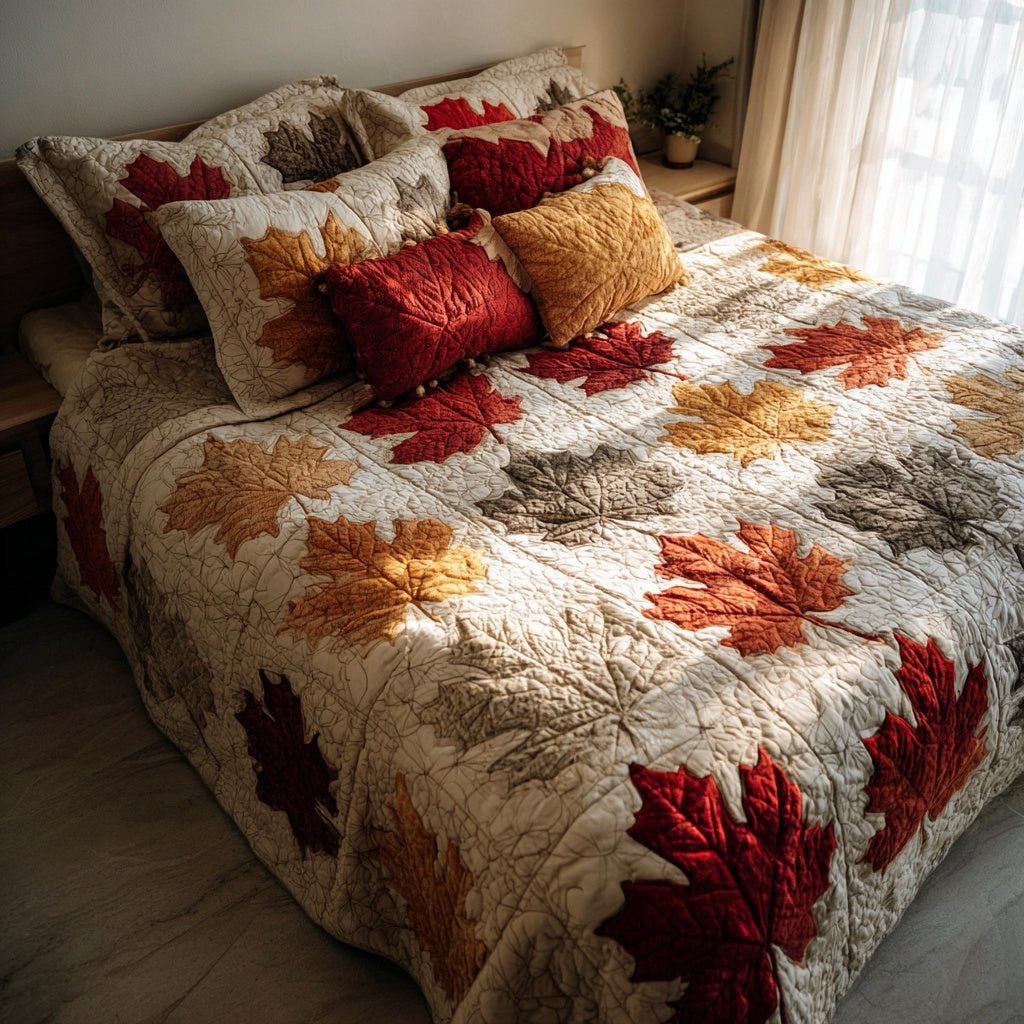 Gradation Leaf Art quilted 3-piece bedding set on a made bed with two matching pillow shams