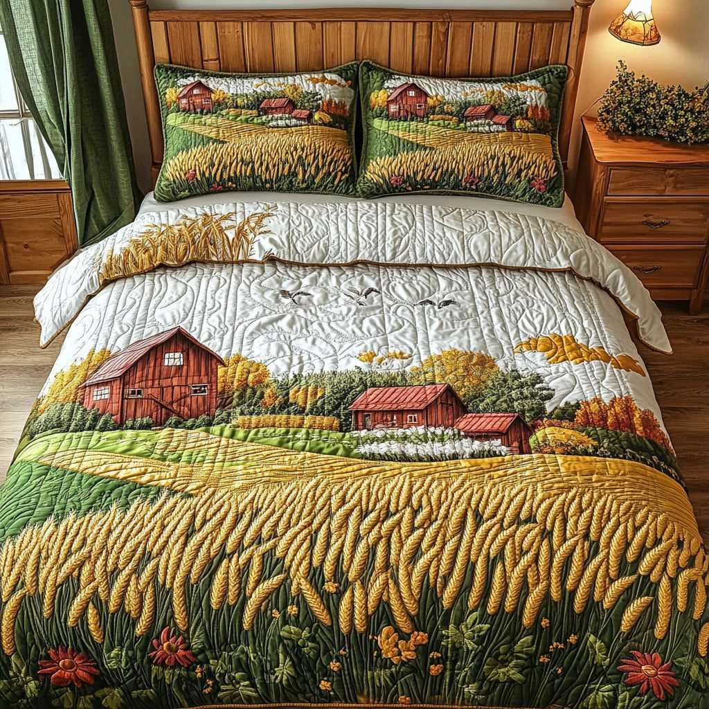 Grain Glory quilted 3-piece bedding set on a made bed with two matching pillow shams