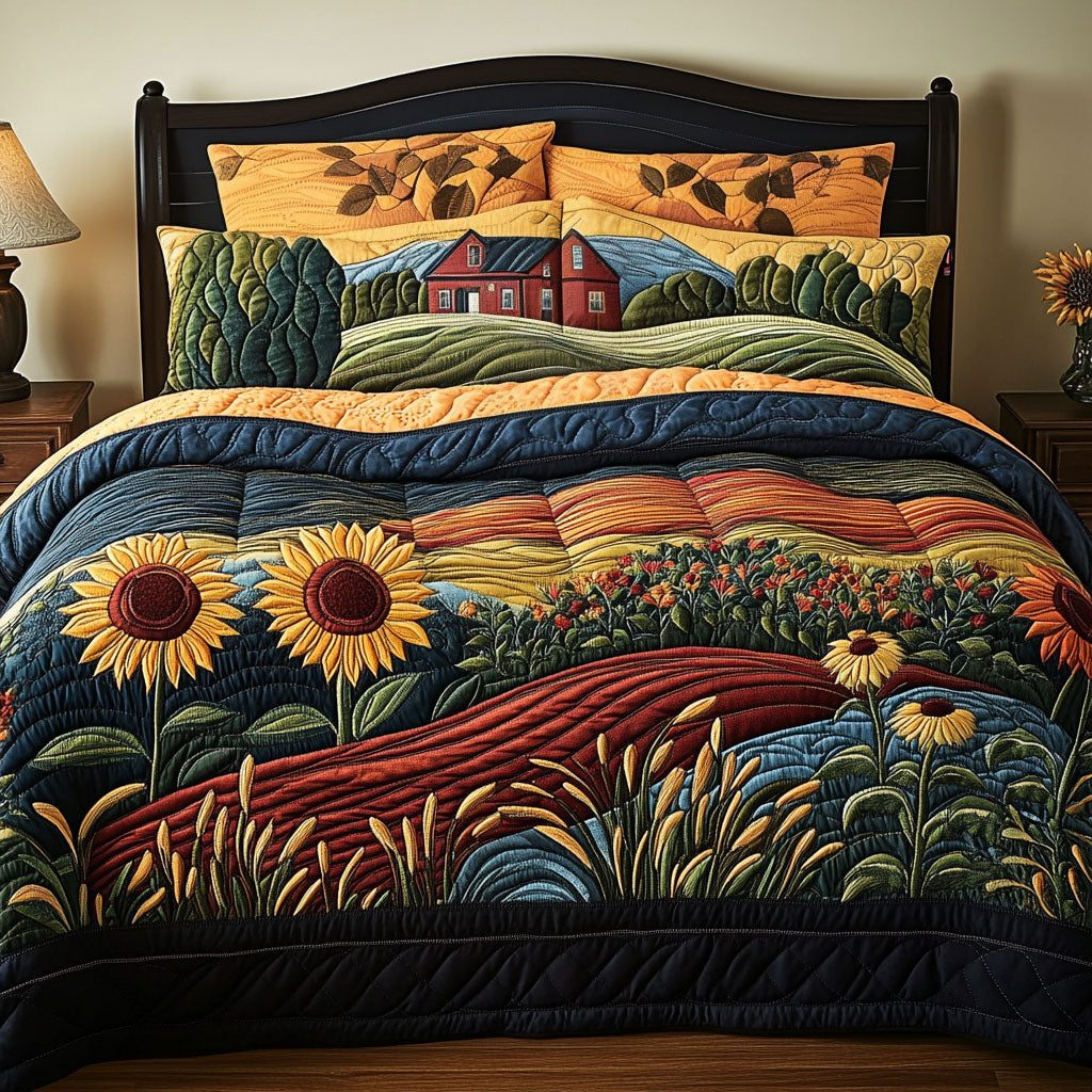 Grain of the Earth quilted 3-piece bedding set on a made bed with two matching pillow shams