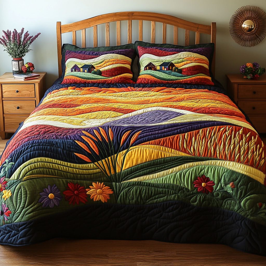Grainlands quilted 3-piece bedding set on a made bed with two matching pillow shams