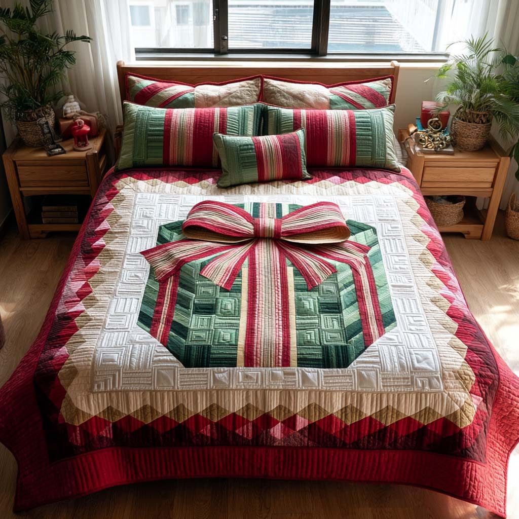 Grand Gift Bow quilted 3-piece bedding set on a made bed with two matching pillow shams