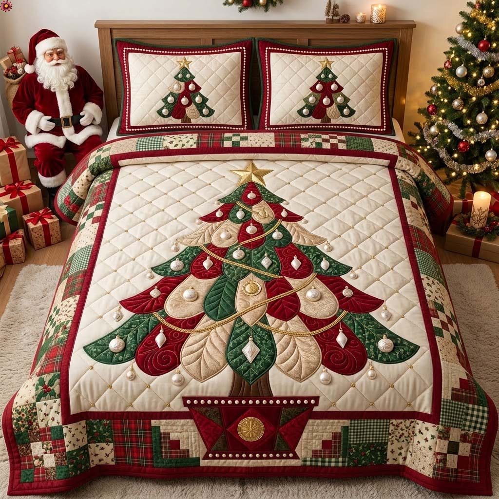 Grand Pearl Ornament Tree quilted 3-piece bedding set on a made bed with two matching pillow shams