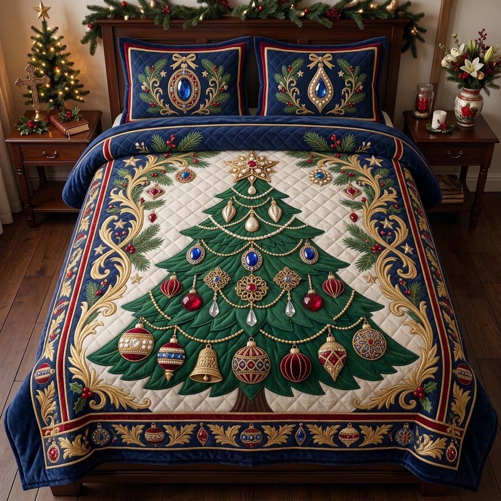 Grand Victorian Ornament Tree quilted 3-piece bedding set on a made bed with two matching pillow shams