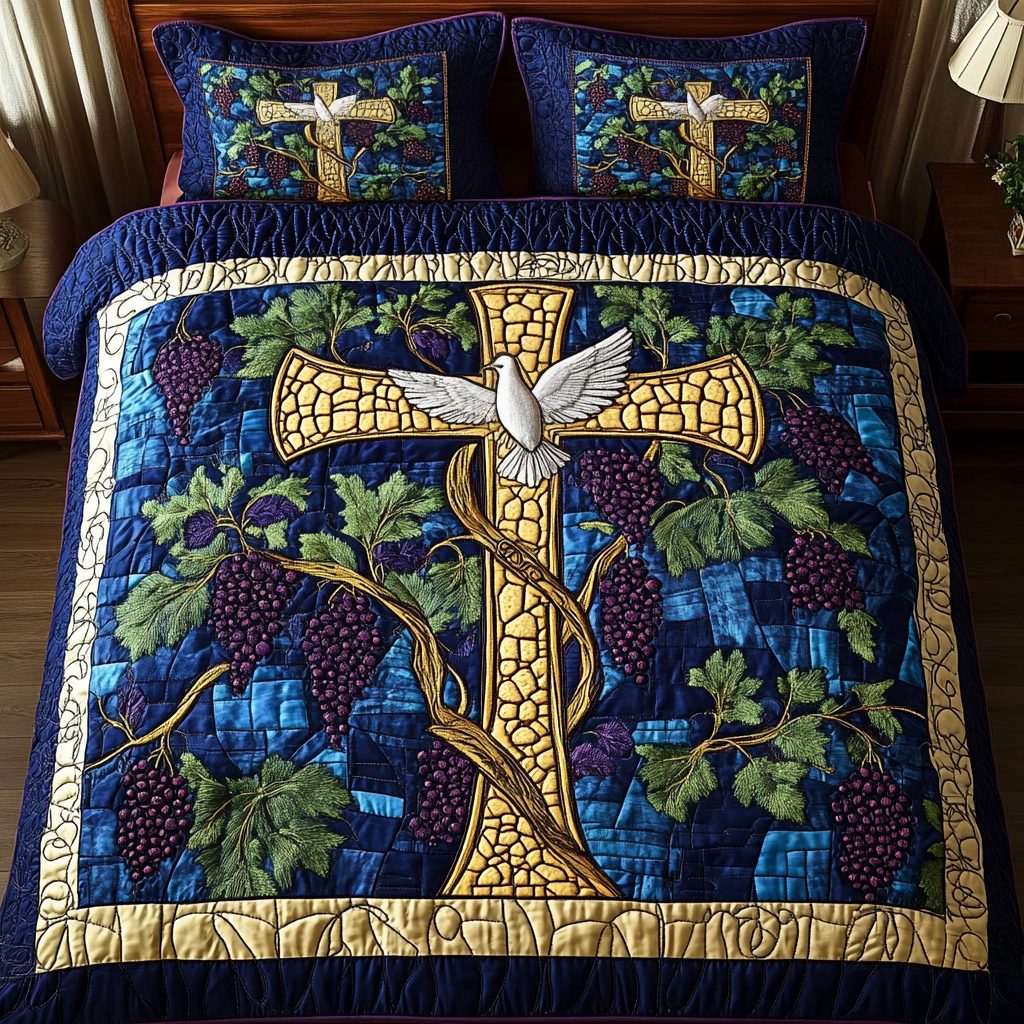 Grapevine Cross Blue quilted 3-piece bedding set on a made bed in a softly lit bedroom