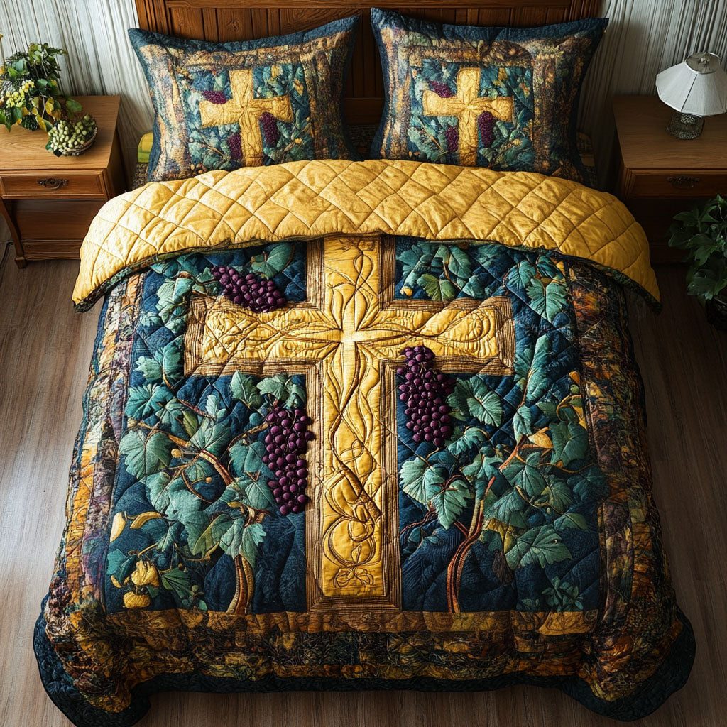 Grapevine Embrace quilted 3-piece bedding set on a made bed with two matching pillow shams