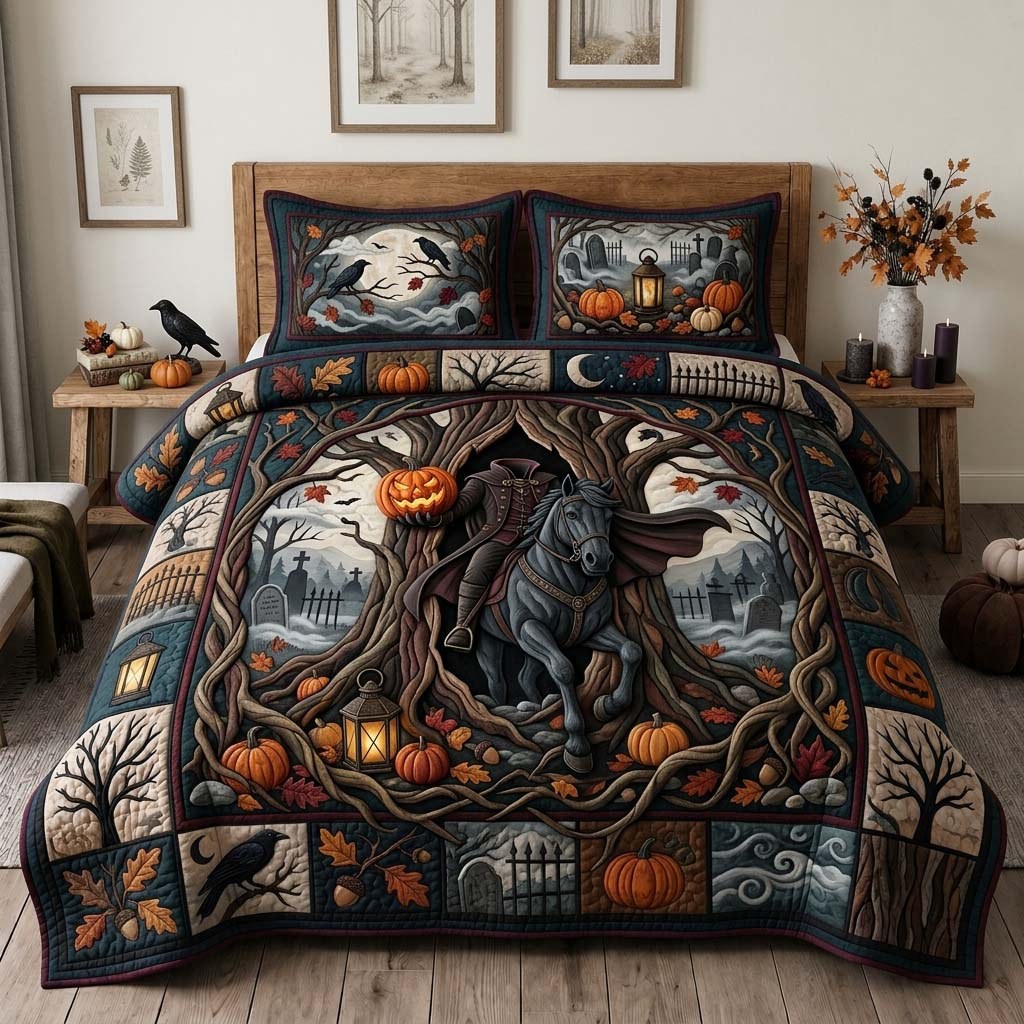 Graveyard Night Ride quilted 3-piece bedding set on a made bed with two matching pillow shams