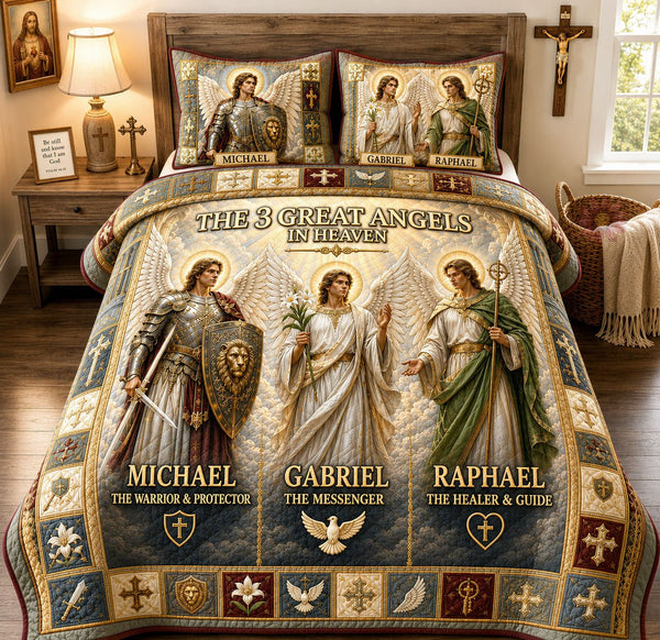 Great Angels In Heaven quilted 3-piece bedding set on a made bed in a softly lit bedroom