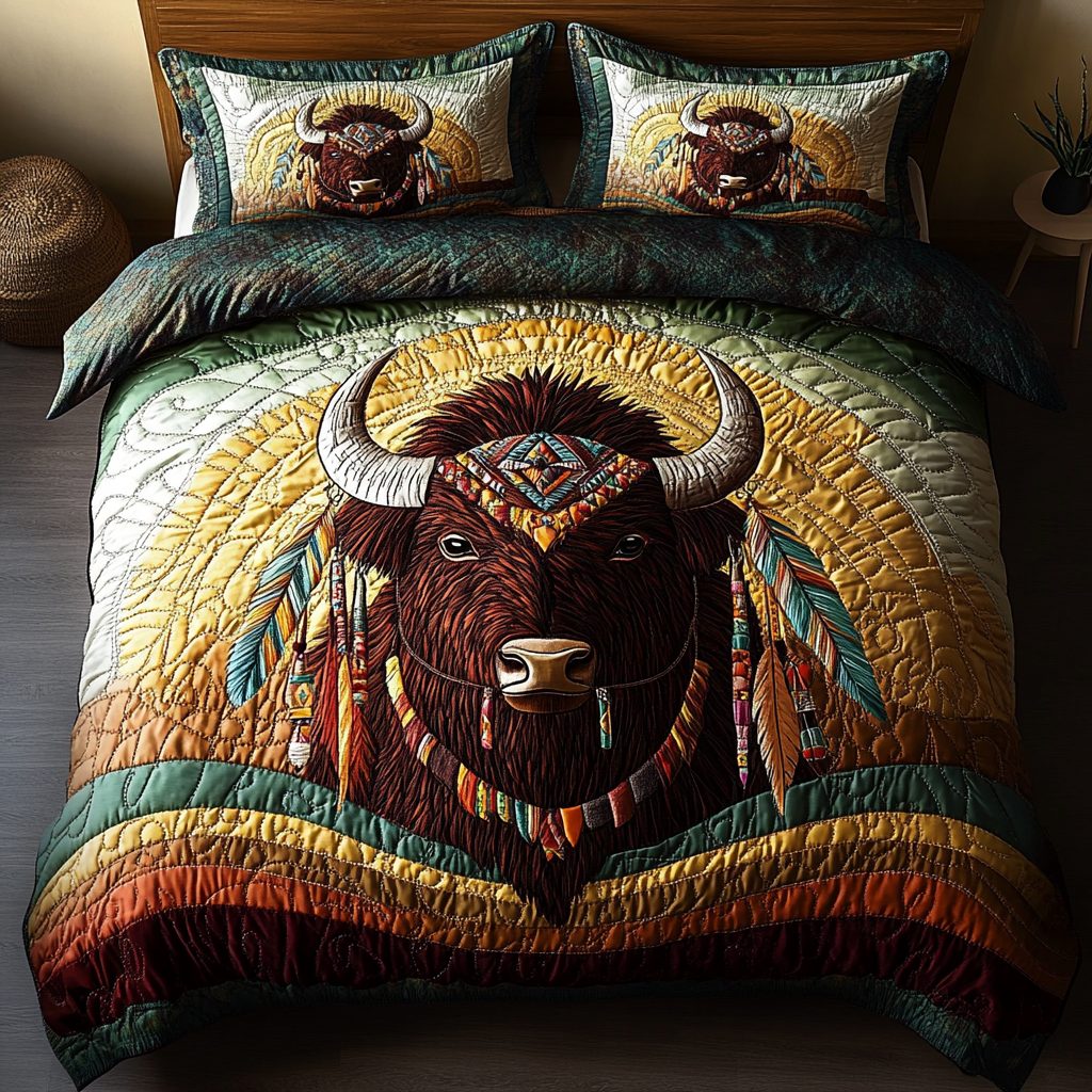 Great Plains Pride quilted 3-piece bedding set on a made bed with two matching pillow shams