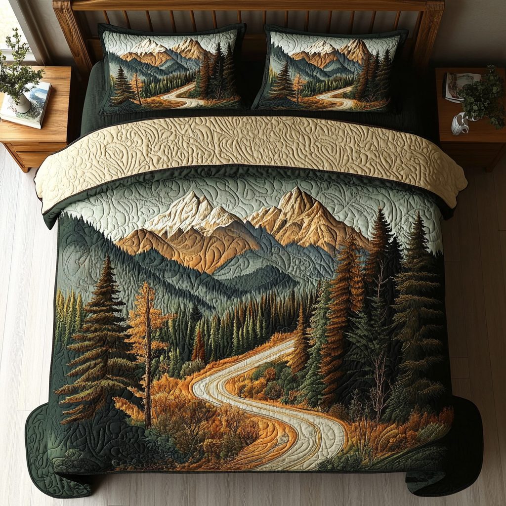 Great Smoky Mountain Trail quilted 3-piece bedding set on a made bed with two matching pillow shams