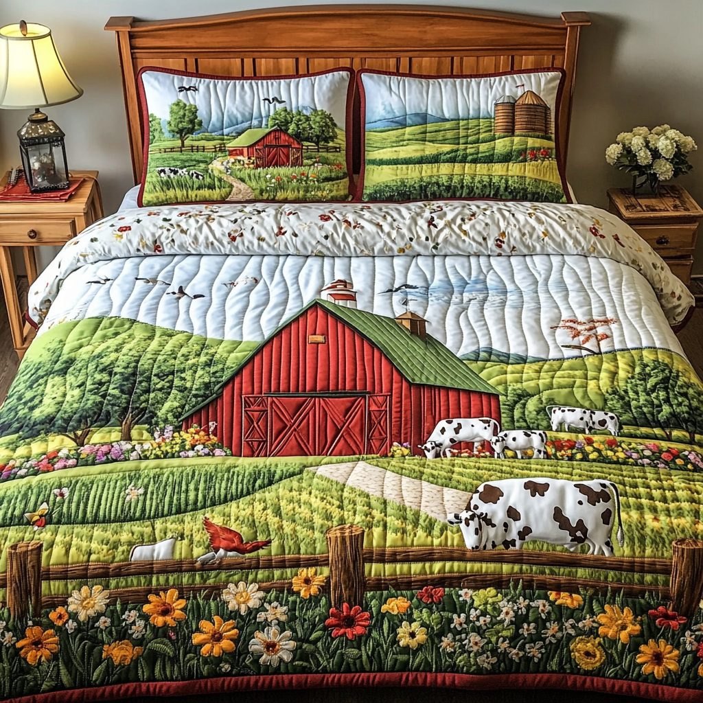 Green Acres quilted 3-piece bedding set on a made bed with two matching pillow shams