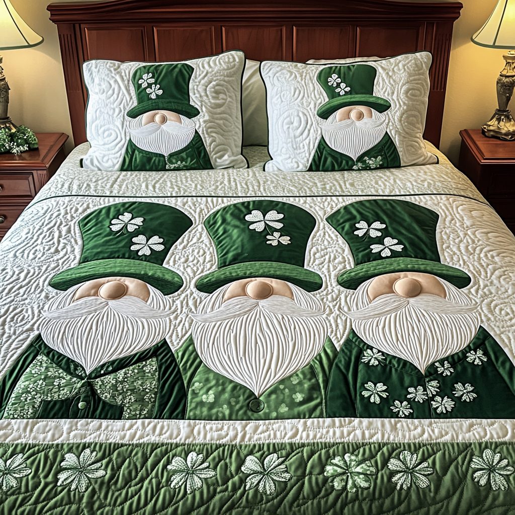 Green Delight quilted 3-piece bedding set on a made bed with two matching pillow shams