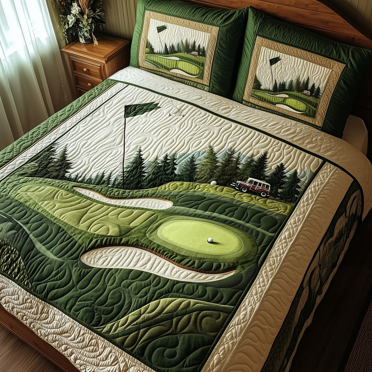 Green Dream quilted 3-piece bedding set on a made bed with two matching pillow shams