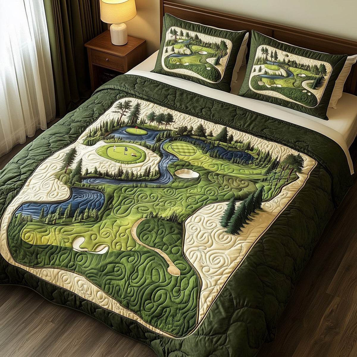 Green Dream quilted 3-piece bedding set on a made bed with two matching pillow shams