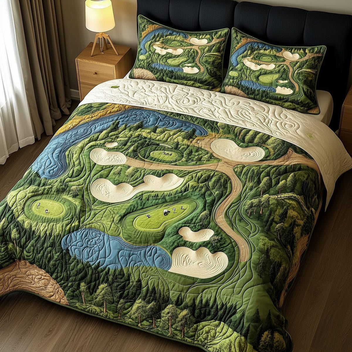 Green Dream quilted 3-piece bedding set on a made bed with two matching pillow shams