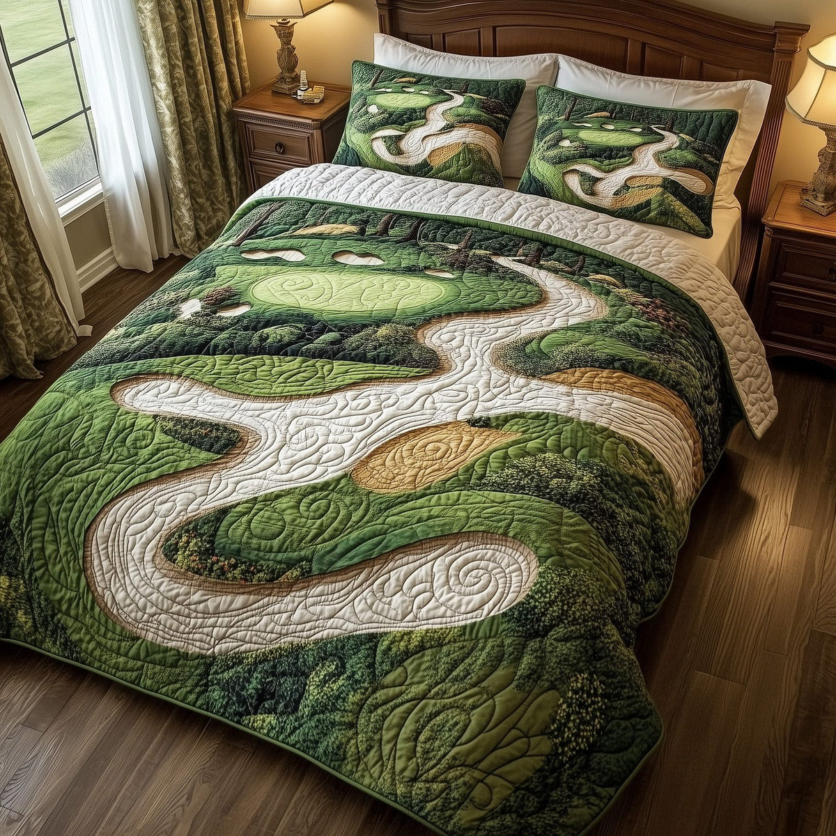 Green Dream quilted 3-piece bedding set on a made bed with two matching pillow shams