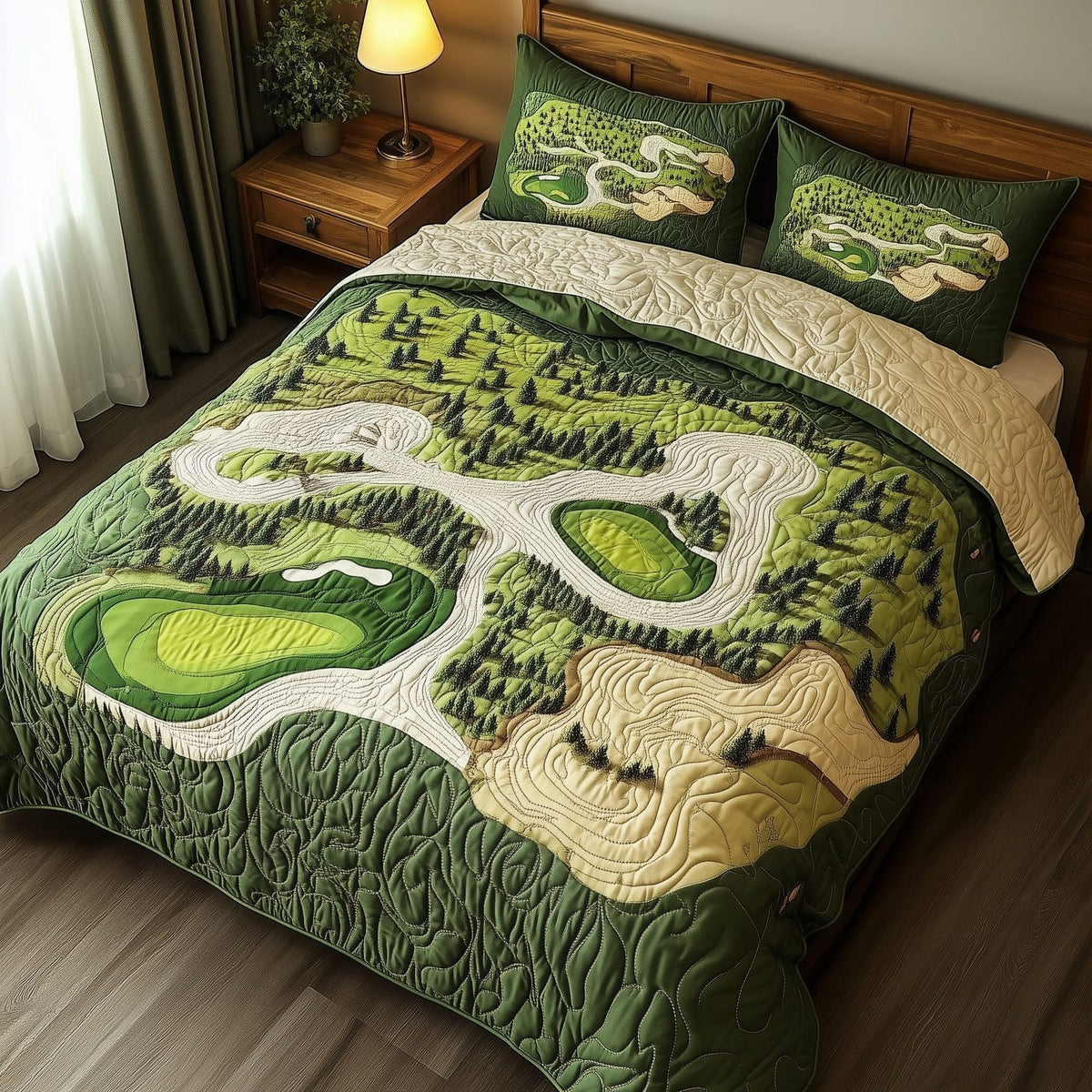 Green Dream quilted 3-piece bedding set on a made bed with two matching pillow shams