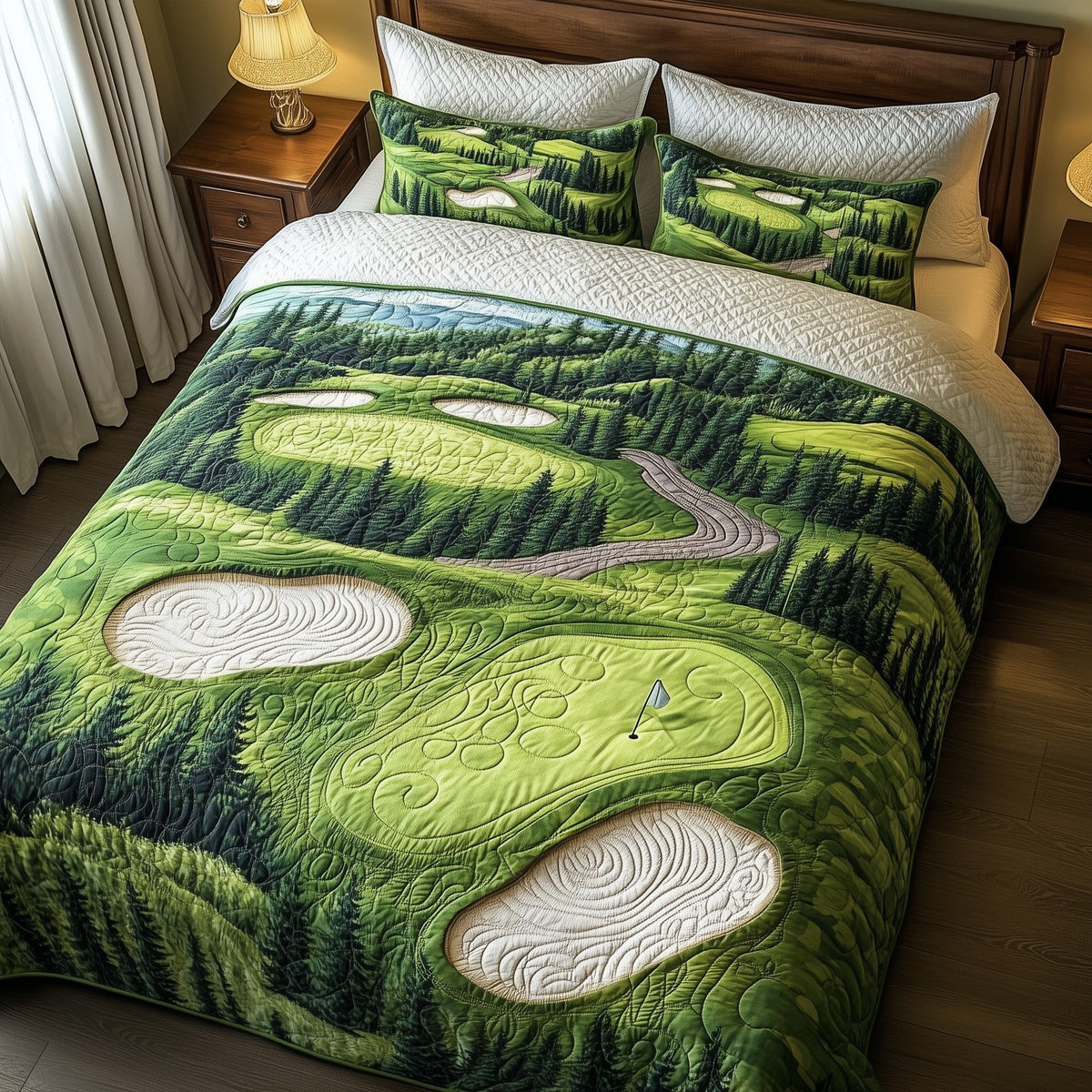 Green Dream quilted 3-piece bedding set on a made bed with two matching pillow shams